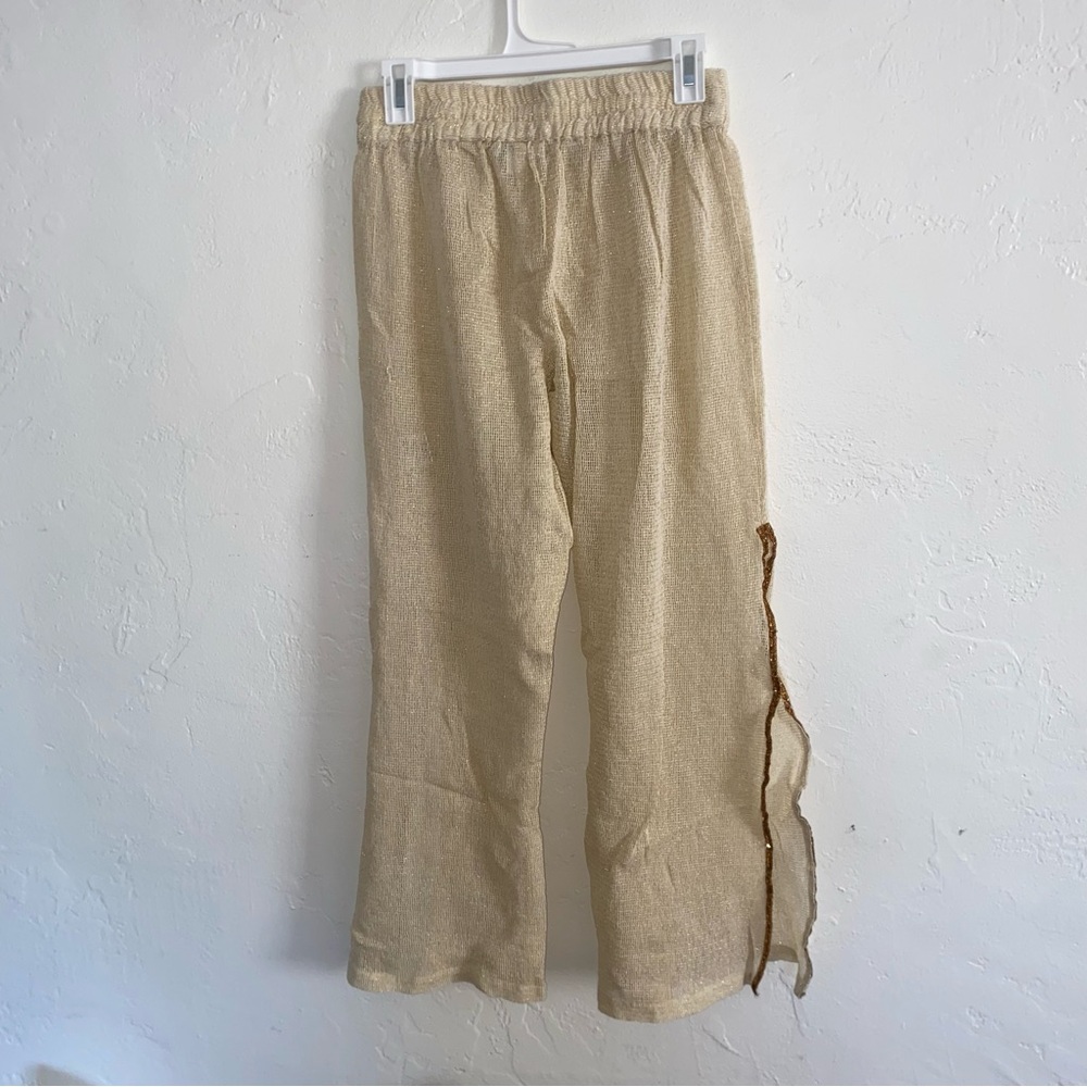Turks Caicos Sand Colored Gold Beaded Slit Beach Cover Up Pants Drawstring Ankle